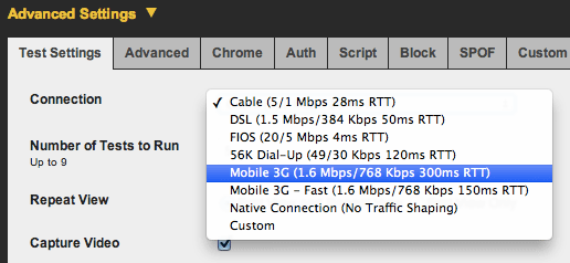 WebPagetest connection speed options