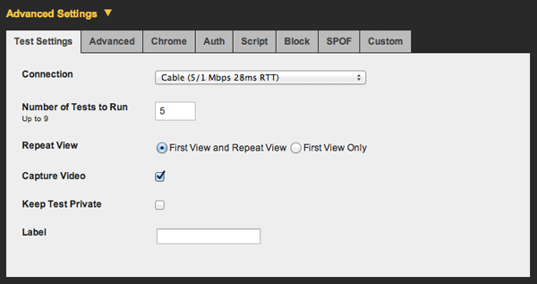 WebPagetest advanced settings